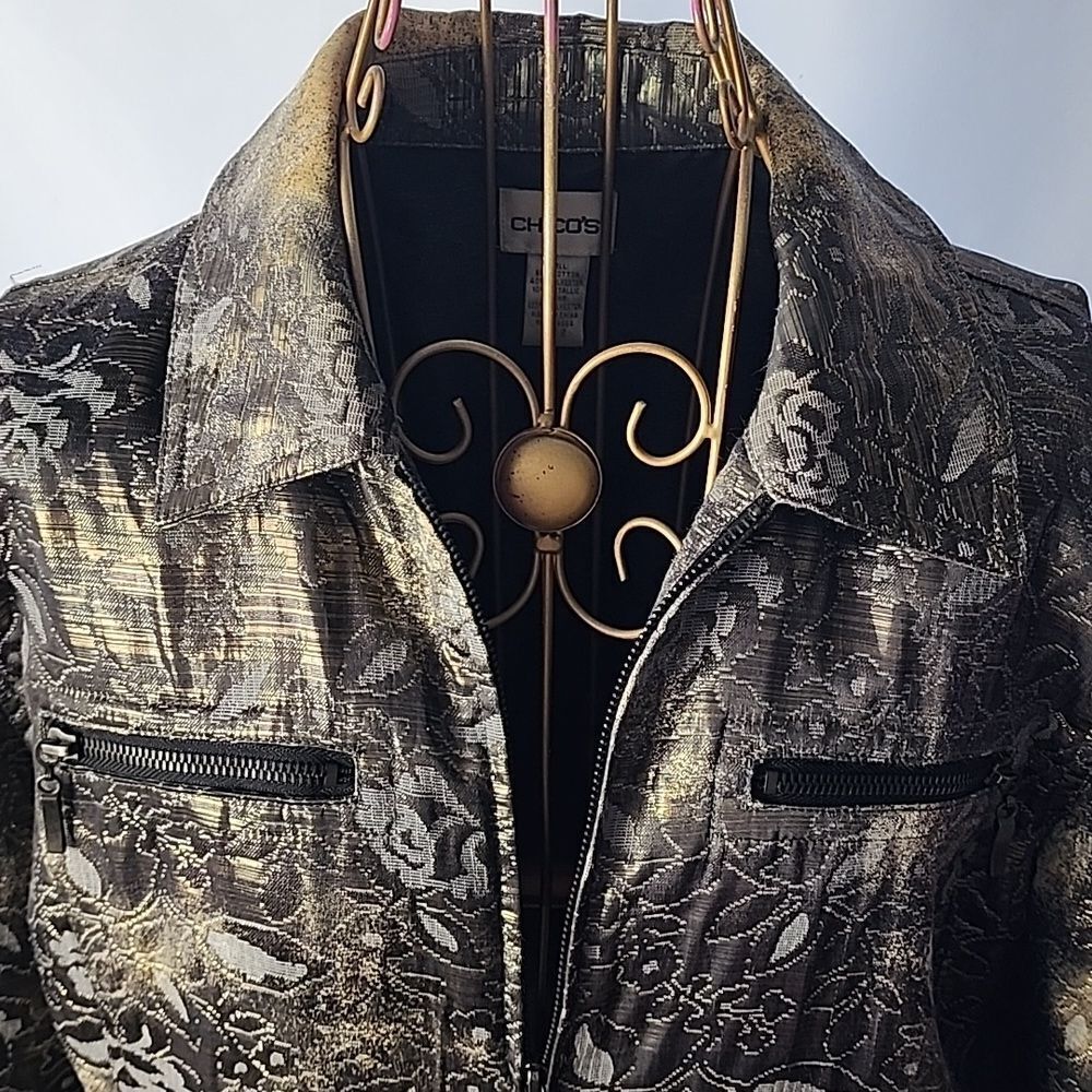 Metallic Gold Floral Zip Jacket With Pockets Shimmery